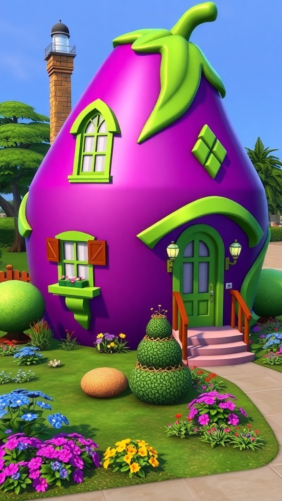 Eggplant-themed house in The Sims 4 with purple exterior and green details, surrounded by a colorful garden.